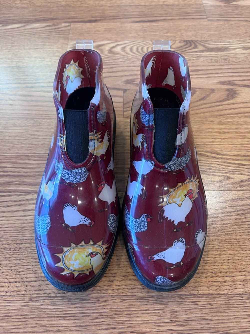 Sloggers Burgundy Chelsea Rain Ankle Boots with Chicken Print